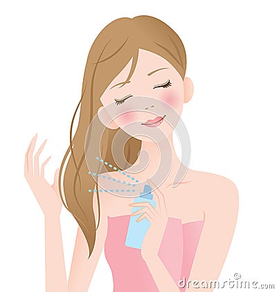 Beautiful young woman applying hair spray on her hair. hair care and beauty concept Vector Illustration