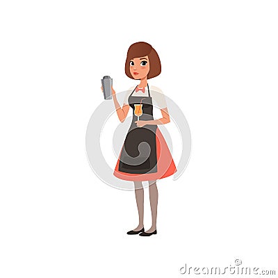 Beautiful young woman bartender holding a tray with alcohol drink, barman character mixing a cocktail drink in shaker Vector Illustration