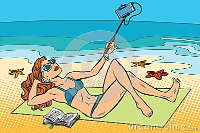 Beautiful young woman on the beach doing a selfie Vector Illustration