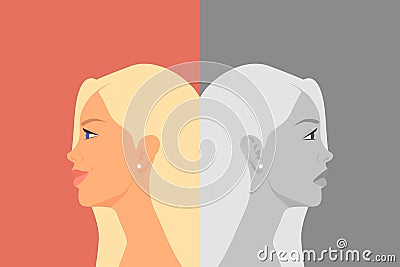 Beautiful Young Woman with Bipolar Disorder. Cheerful and Sad, Happy and Unhappy. Two-face Woman Showing Two Different Vector Illustration