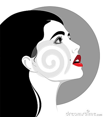 Beautiful young woman with black wavy hair, profile Vector Illustration