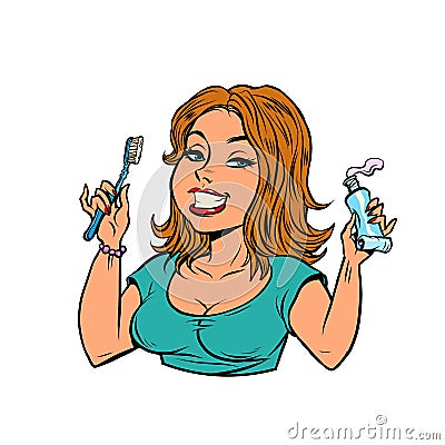 beautiful young woman brushes her teeth with toothpaste, oral hygiene and dentistry Vector Illustration