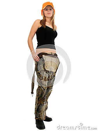 Beautiful young woman in camo overalls and tank Stock Photo