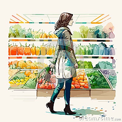 Beautiful young woman character looking at supermarket products Stock Photo