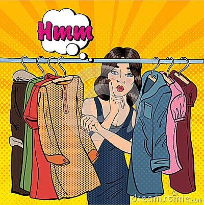 Beautiful Young Woman Choosing Clothes in her Wardrobe. Pop Art. Vector Vector Illustration