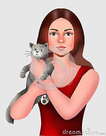 Beautiful young woman and cute kitty animal love pet, animal care, animal, animals, cat, human, woman, girl, illustration Cartoon Illustration