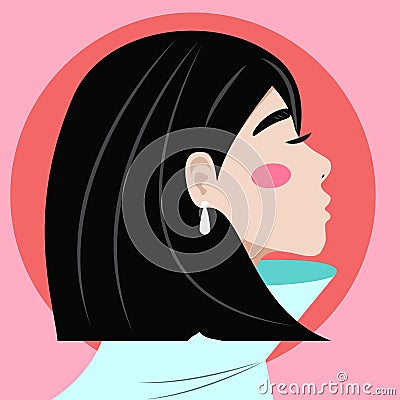 Beautiful young woman with dark hair and white earing on pink background. Stylish young asian woman on pink background. Girl Vector Illustration
