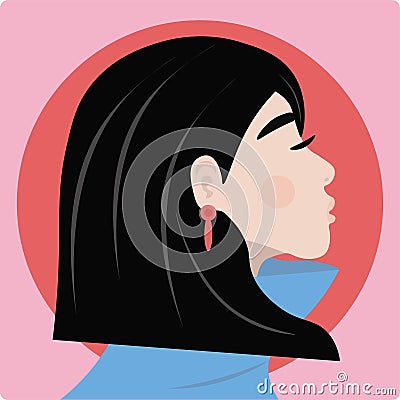 Beautiful young woman with dark hair and white earing on pink ba Vector Illustration