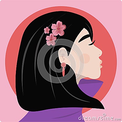 Beautiful young woman with dark hair and white earing. Girl with sakura flowers in her hair Vector Illustration