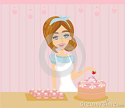 Beautiful young woman decorates a cake Vector Illustration