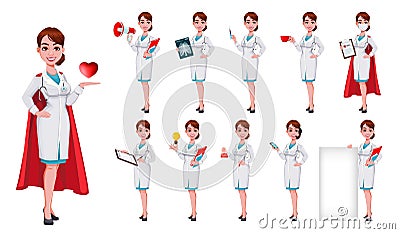 Stock vector cheerful doctor cartoon character, set of eleven poses. Vector Illustration