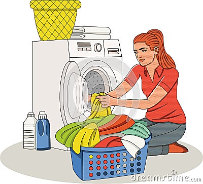 Beautiful young woman doing laundry at home. Vector Illustration