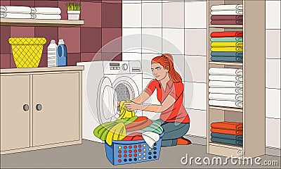 Beautiful young woman doing laundry at home. Vector Illustration