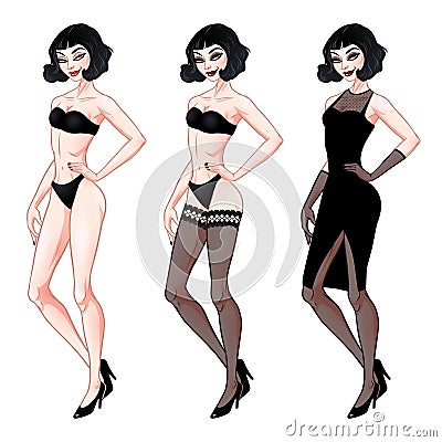 Beautiful young woman, dress up paper doll template, lingerie and evening dress, brunette girl model, vector illustration Vector Illustration