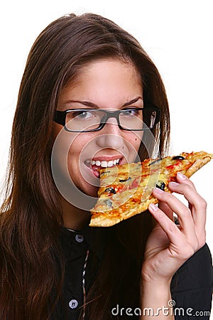 Beautiful young woman eating pizza Stock Photo