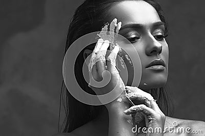 Beautiful young woman, emotional black and white Stock Photo