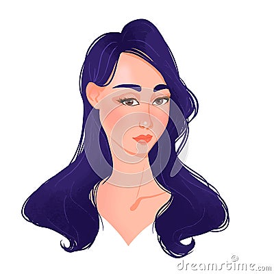 Beautiful young woman face with blue hair. Vector Illustration