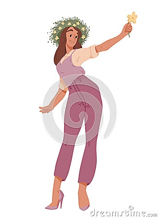 Beautiful young woman with floral wreath on her head Cute girl with wreath of flowers in hair Vector Illustration