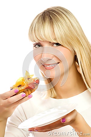 Beautiful young woman with fruit cake isolated on Stock Photo