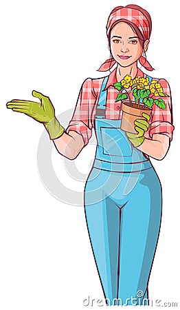 Beautiful young woman gardener holding pot of flowers Vector Illustration