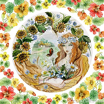 Beautiful young woman in a garland with bunch of flowers against countryside background. Concept of a girl as a summer. Cartoon Illustration