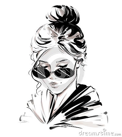 Beautiful young woman with hair bun. Pretty woman. Cartoon Illustration