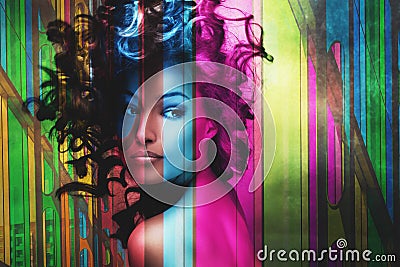 Beautiful woman with hair in motion double exposure Stock Photo