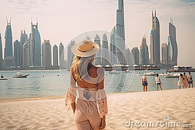 Beautiful young woman in a hat on the background of the Dubai Marina. A beautiful woman rear view walking on the beach in Dubai. Stock Photo