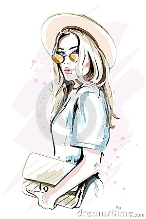 Beautiful young woman in hat. Fashion lady in sunglasses. Stylish woman portrait. Sketch. Vector Illustration