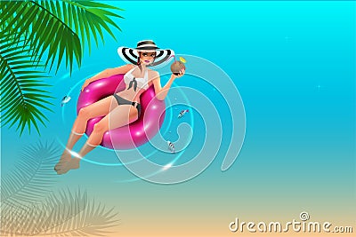 Beautiful young woman in hat floats on circle on blue water and drinks coconut juice. Summer vacation beach holiday Vector Illustration