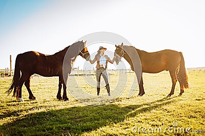 Beautiful young woman in a hat and gloves with two broun horses in a field on a sunset. Horseback riding Stock Photo