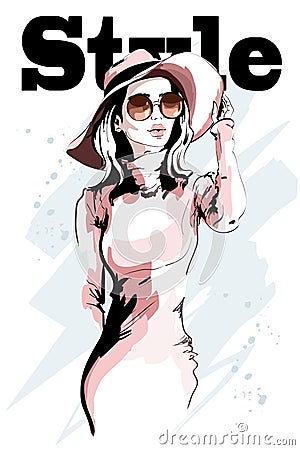 Beautiful young woman in hat. Hand drawn woman portrait. Sketch. Vector Illustration