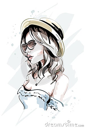 Beautiful young woman in hat. Stylish hand drawn woman in sunglasses. Fashion lady. Vector Illustration