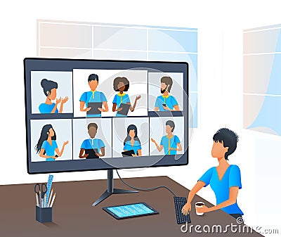 Beautiful young woman having group video conference call via computer. Online virtual meeting. Business team in video conference. Vector Illustration