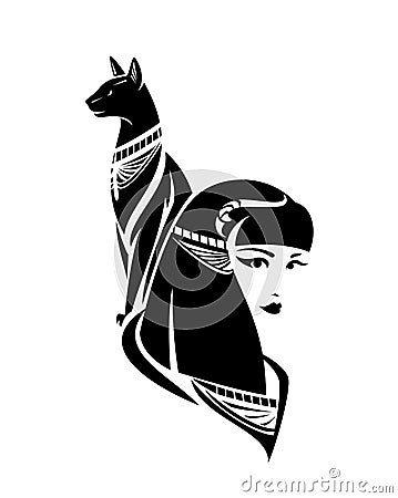 Ancient Egyptian cat goddess Bastet black and white vector portrait Vector Illustration