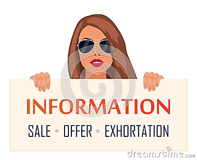 Beautiful Young Woman Holding a Paper Banner Vector Illustration