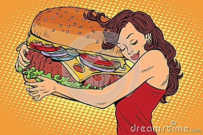 Beautiful young woman hugging Burger Vector Illustration