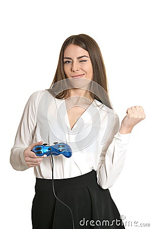 Beautiful young woman with joystick Stock Photo