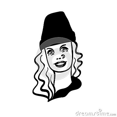 Beautiful young woman in knitted Hat with Fur Pom-Pom. Hand drawn stylish woman portrait. Fashion lady. Winter outfit Vector Illustration