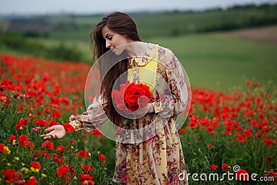 Profile of a beautiful young woman, long hair, standing in the red poppy flower field, beautiful landscape background Stock Photo
