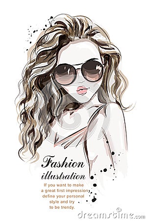Beautiful young woman with long hair. Stylish hand drawn girl in sunglasses. Vector Illustration