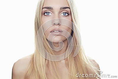 Beautiful young woman with long hair on white background. Blonde girl Stock Photo