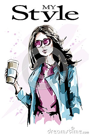 Beautiful young woman with paper coffee cup. Fashion woman in jacket. Stylish lady in sunglasses. Cute girl. Sketch. Vector Illustration