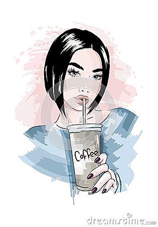 Beautiful young woman with plastic coffee cup in her hand. Stylish girl. Sketch.Hand drawn vector illustration Vector Illustration