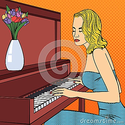 Beautiful Young Woman Playing on Piano. Pop Art. Vector Illustration