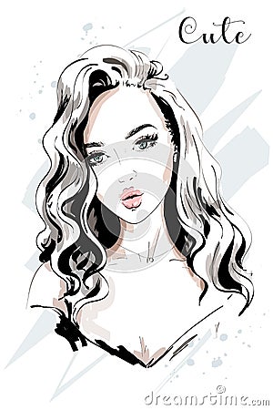 Beautiful young woman portrait. Hand drawn fashion woman with long hair. Vector Illustration