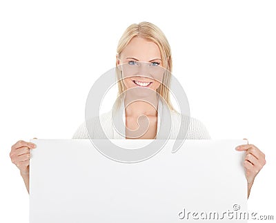 Beautiful young woman presenting empty board Stock Photo