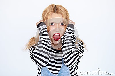 Beautiful young woman prisoner isolated on a white background Stock Photo