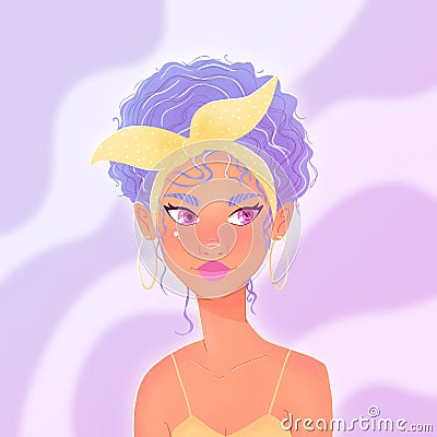Beautiful young woman with purple curly hair, headscarf and yellow summer dress. Confident girl on purple background. Cartoon Illustration