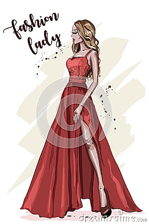 Beautiful young woman in red dress. Hand drawn girl in fashion clothes. Stylish fashion model. Sketch. Vector Illustration